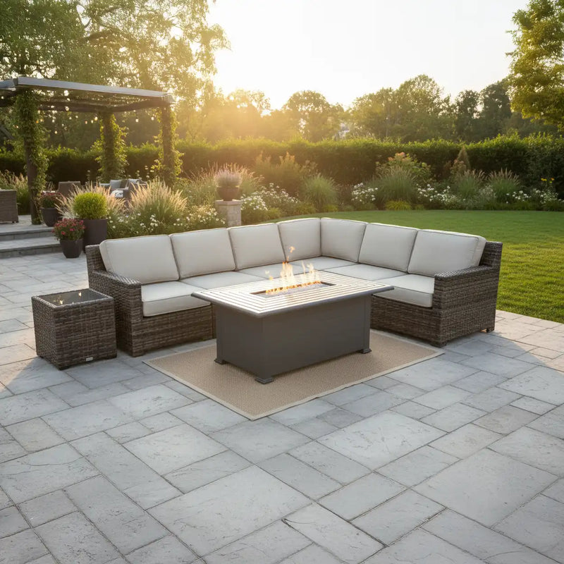 St. Kitts Grey Woven 8 Piece Sectional Firepit Group - The Great Escape