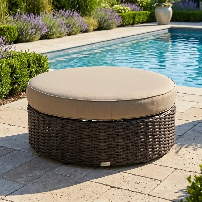 St. Kitts 42" Round Cushioned Ottoman - Lifeguard Ostrich - The Great Escape