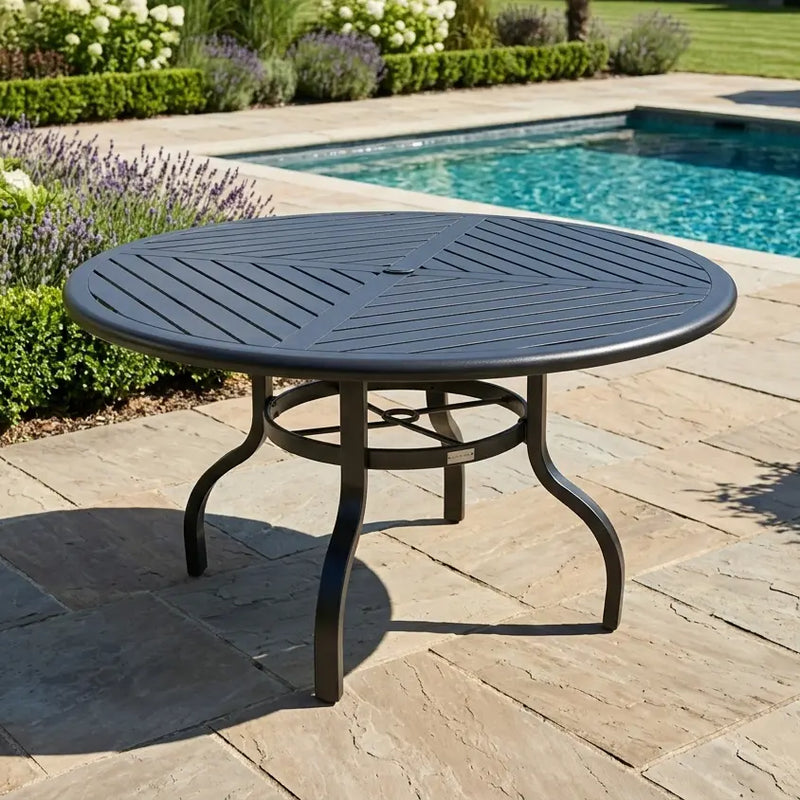 Stirling 54 Inch Round Black Farnham Slat Dining Table - The Great Escape