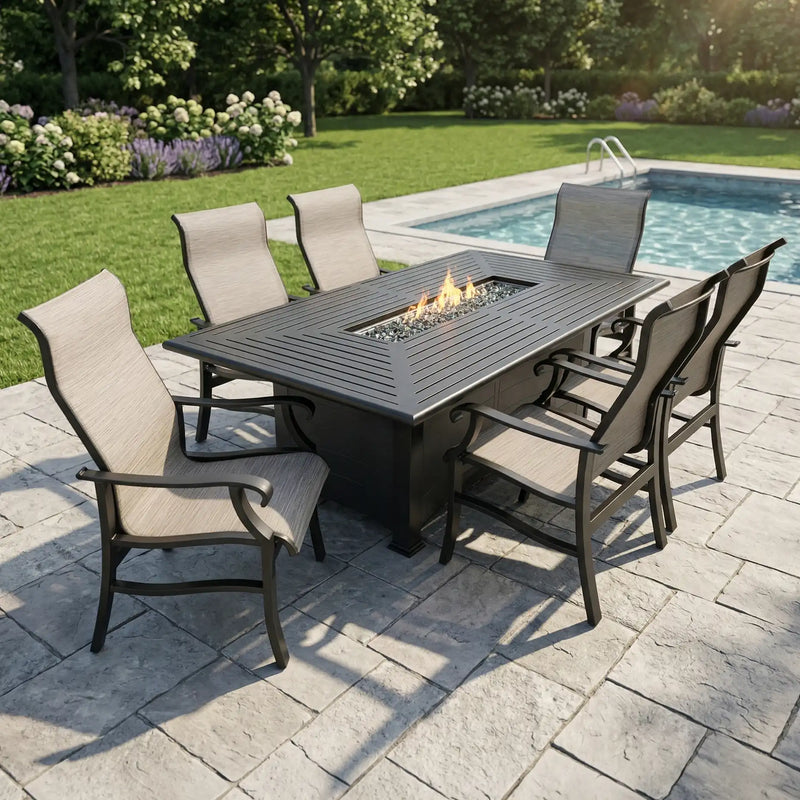 Stirling 7 Piece Sling Firepit Dining Group -  The Great Escape