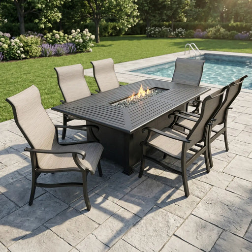 Stirling 7 Piece Sling Firepit Dining Group -  The Great Escape