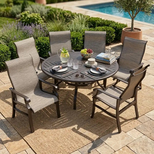 Stirling 7 Piece Sling Round Dining Group - The Great Escape