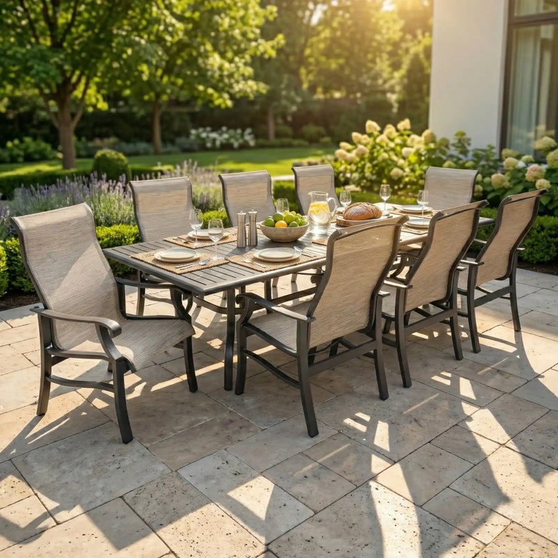 Stirling 9 Piece Sling Dining Group W/ 44"x112" Rect. Table - The Great Escape