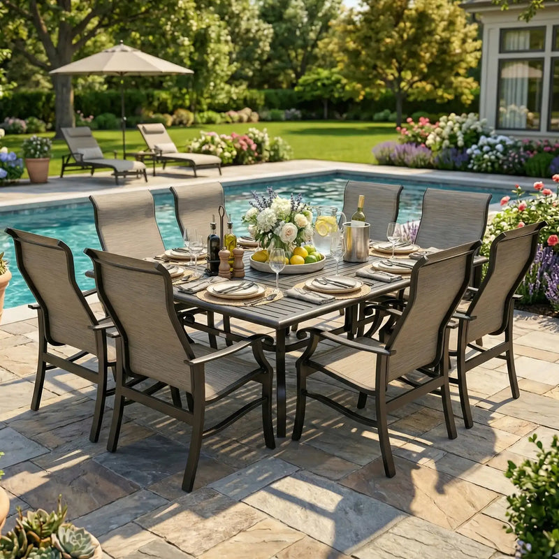Stirling 9 Piece Sling Dining Group W/ 60"x84" Rect. Table - The Great Escape