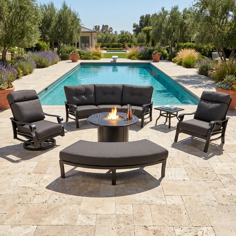 Stirling 8 Piece Canvas Coal Curved Sofa Firepit/Chat Group - The Great Escape