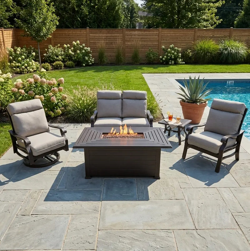 Stirling 5 Piece Makar Oyster Loveseat Firepit Chat Group - The Great Escape