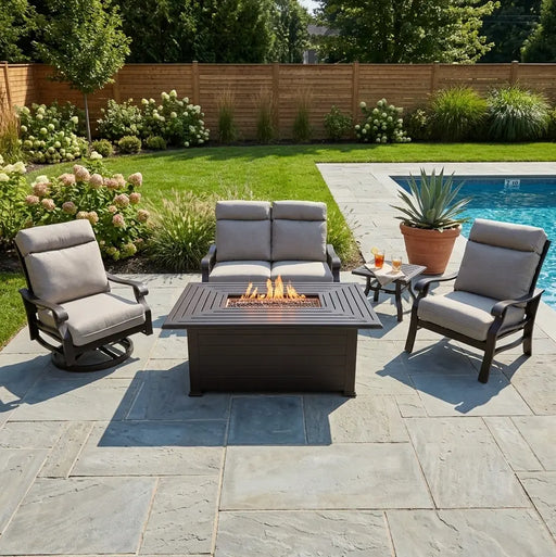 Stirling 5 Piece Makar Oyster Loveseat Firepit Chat Group - The Great Escape