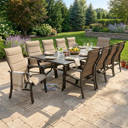 Stirling 11 Piece Padded Sling Dining Group W/ 44"x112" Rect. Table - The Great Escape