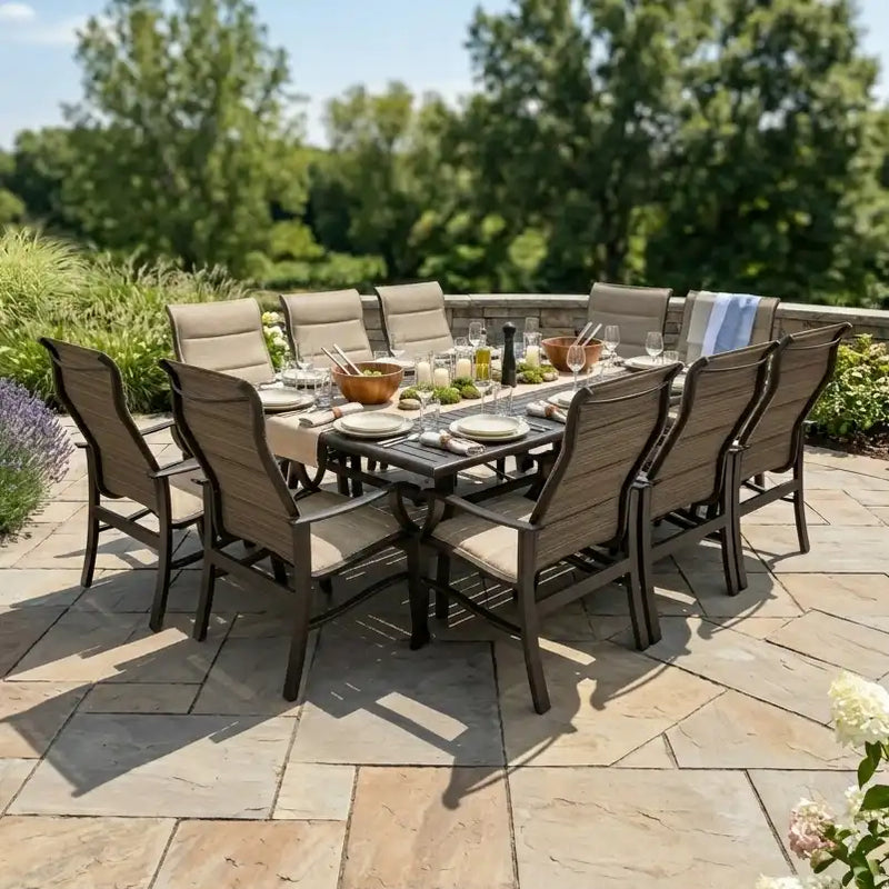Stirling 11 Piece Padded Sling Dining Group W/ 60"x84" Rect. Table - The Great Escape