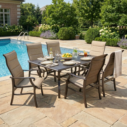 Stirling 7 Piece Padded Sling Dining Group - The Great Escape