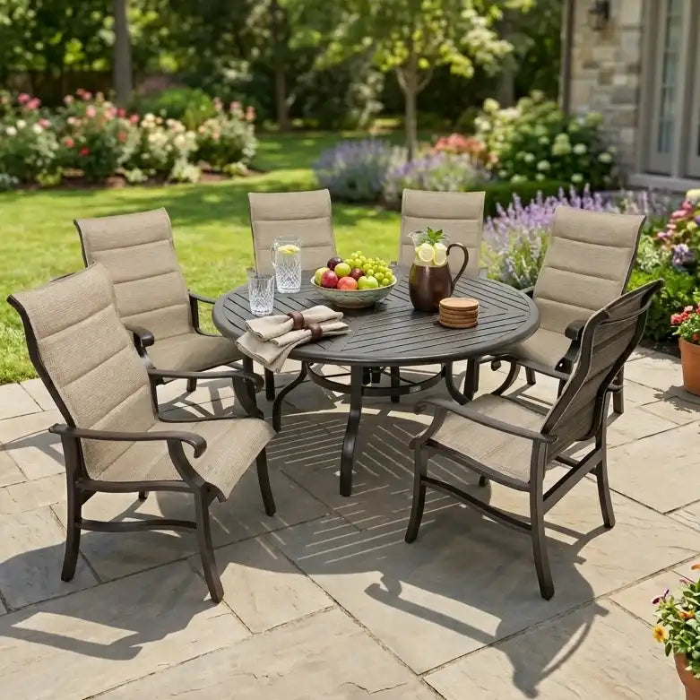 Stirling 7 Piece Padded Sling Round Dining Group - The Great Escape