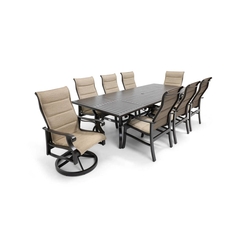 Stirling 9 Piece Padded Sling Dining Group W/ 44"x112" Rect. Table - The Great Escape