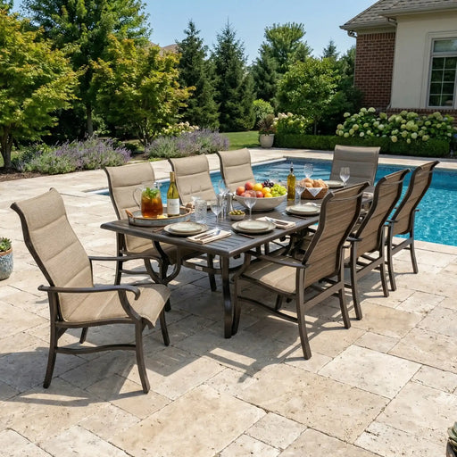 Stirling 9 Piece Padded Sling Dining Group W/ 44"x112" Rect. Table - The Great Escape