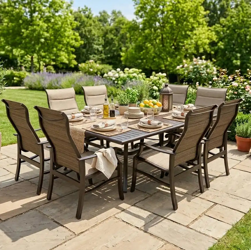 Stirling 9 Piece Padded Sling Dining Group W/ 60"x84" Rect. Table - The Great Escape