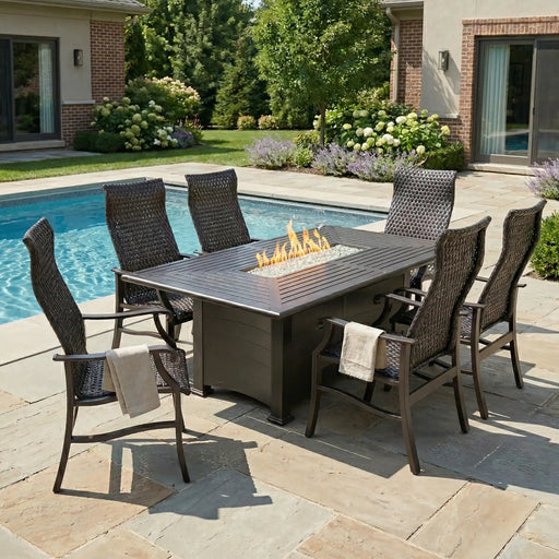 Stirling 7 Piece Woven Firepit Dining Group - The Great Escape