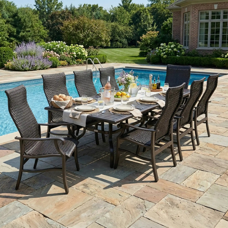 Stirling 9 Piece Woven Dining Group W/ 44"x112" Rect. Table - The Great Escape