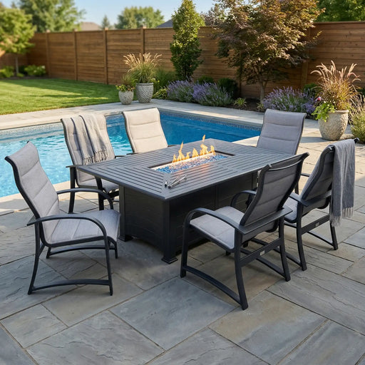 Wakefield 7 Piece Padded Sling Firepit Dining Group - The Great Escape
