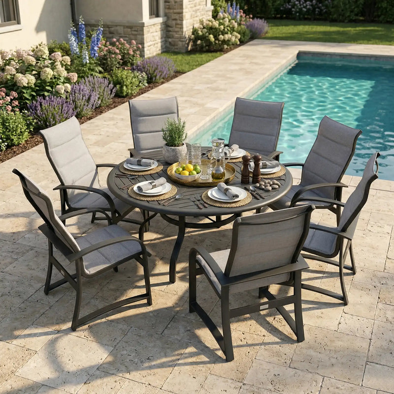 Wakefield 7 Piece Padded Sling Round Dining Group - The Great Escape