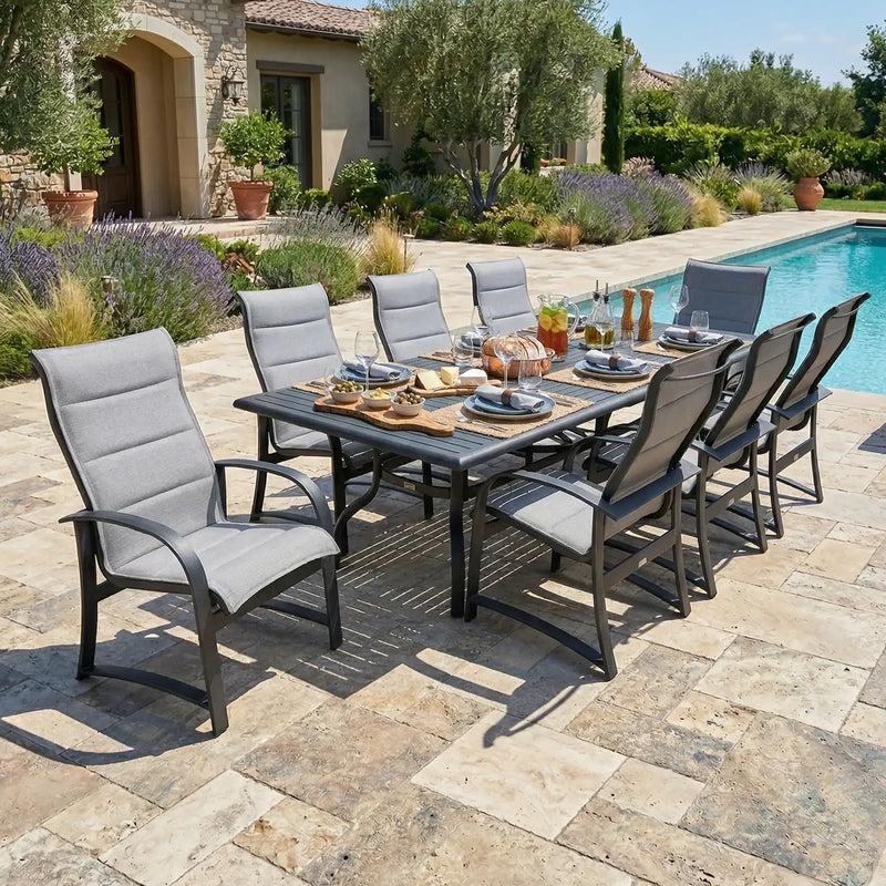 Wakefield 9 Piece Padded Sling Dining Group W/ 44"x112" Rect. Table - The Great Escape