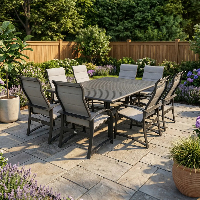 Wakefield 9 Piece Padded Sling Rectangle Dining Group - The Great Escape