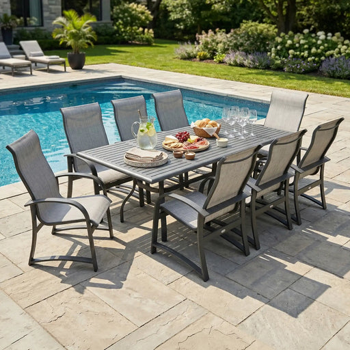 Wakefield 11 Piece Sling Dining Group W/ 44"x112" Rect. Table - The Great Escape