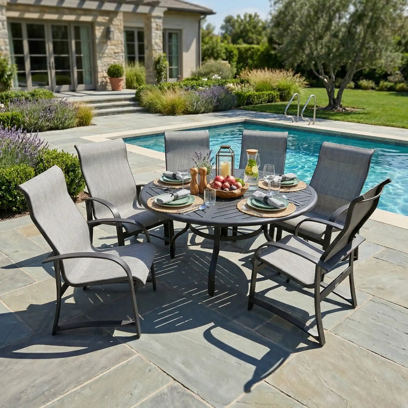 Wakefield 7 Piece Sling Round Dining Group - The Great Escape
