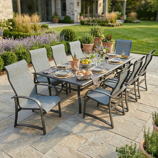 Wakefield 9 Piece Sling Dining Group W/ 44"x112" Rect. Table - The Great Escape