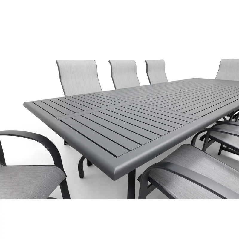 Wakefield 9 Piece Sling Dining Group W/ 44"x112" Rect. Table - The Great Escape