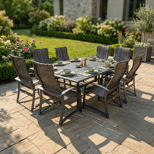 Wakefield 9 Piece Woven Rectangle Dining Group - The Great Escape
