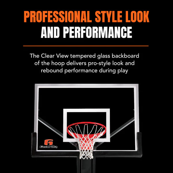 Goalrilla Basketball Professional Style Look and Performance The Clear View tempered glass backboard of the hoop delivers pro-style look and rebound performance during play - The Great Escape
