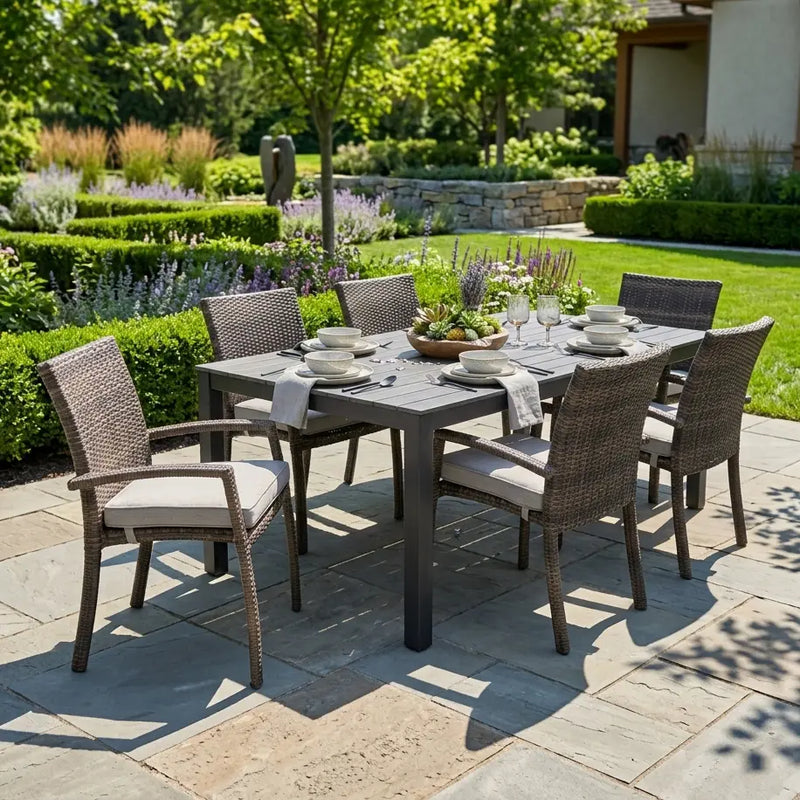 Woodridge 7 Piece Woven Dining Group Canvas Steel - The Great Escape