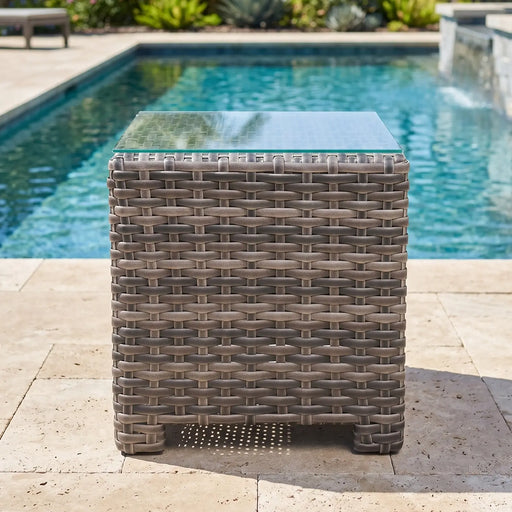 Woodridge 20 Inch Square Woven End Table With Glass - The Great Escape