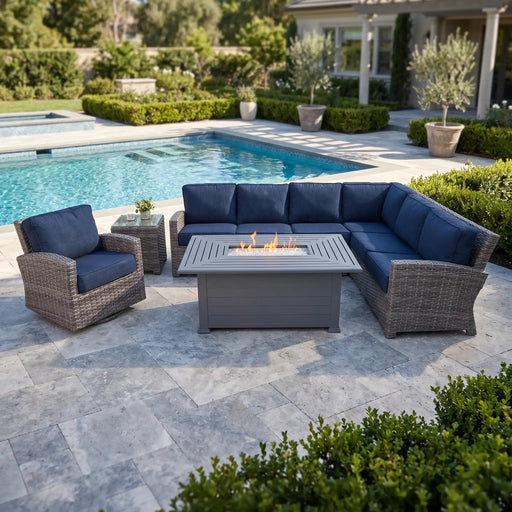 Woodridge 7 Piece Sectional Firepit Group Spectrum Indigo - The Great Escape