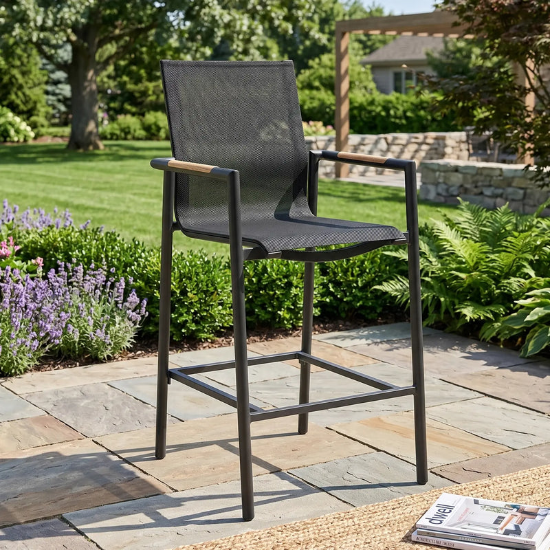 Capri Sling Teak Accent Arm Barstool - The Great Escape