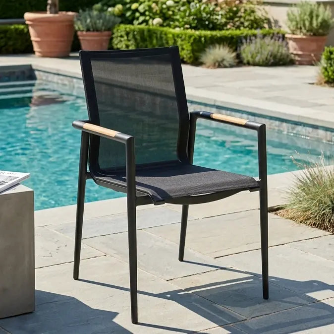 Capri Sling Stacking Teak Accent Arm Chair - The Great Escape