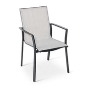 Mila Grey Sling Stacking Dining Arm Chair - The Great Escape