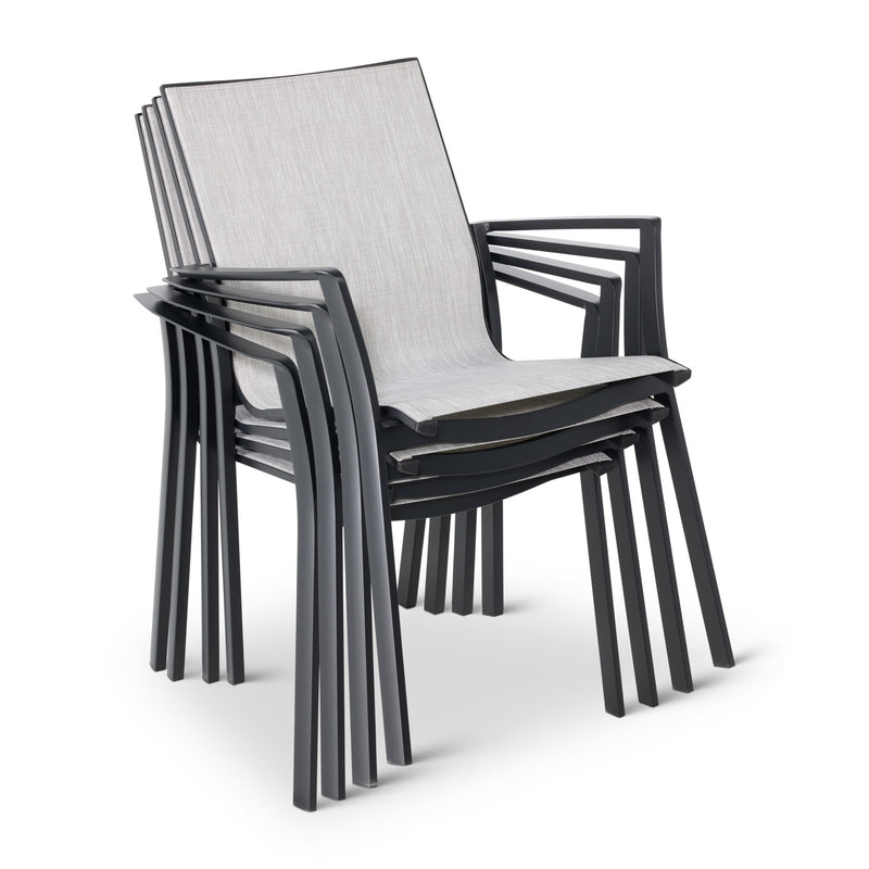 Mila Grey Sling Stacking Dining Arm Chair - The Great Escape