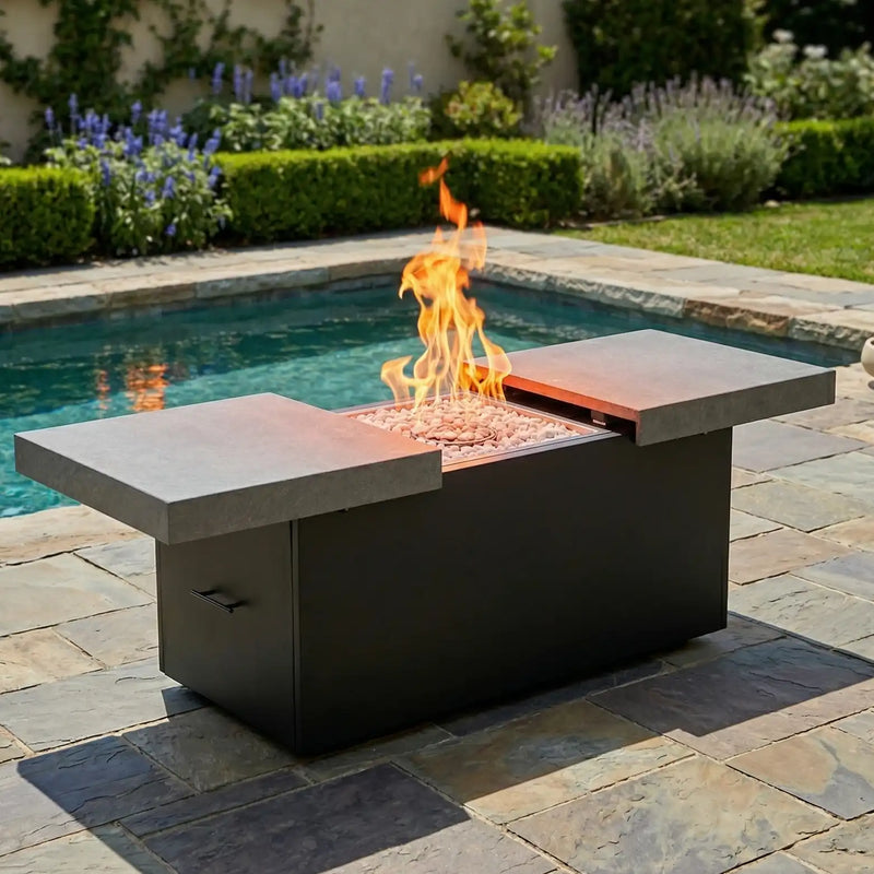 24"x58" Rectangle Concrete Black Firepit/Coffee Table - The Great Escape