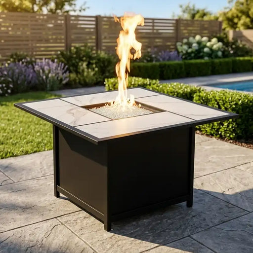 42" Square Black Sintered Stone Firepit W/ Lid - The Great Escape