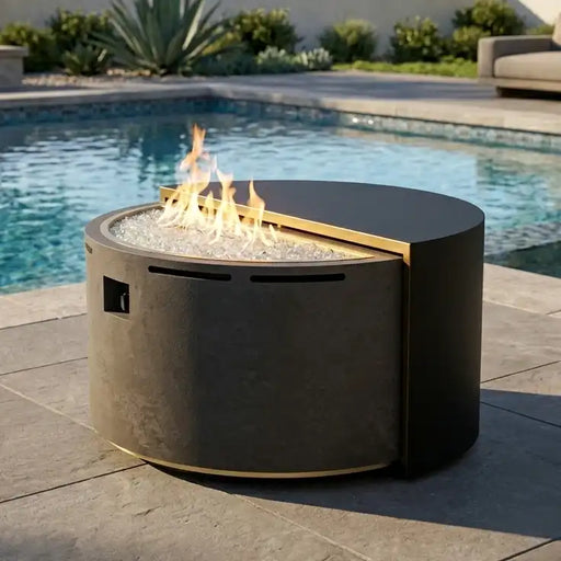 44" Round Concrete Black Modern Firepit/Coffee Table - The Great Escape