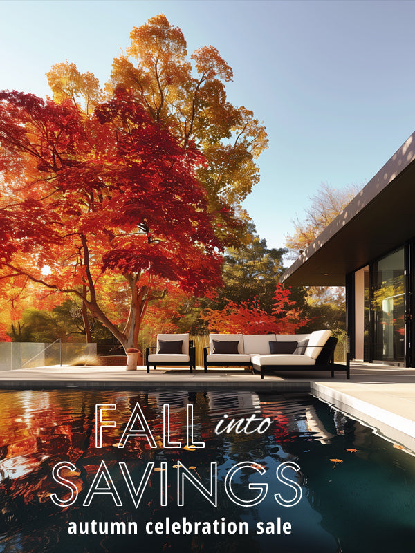 Picture of the Fall Into Savings Flyer with photo of fall nature framing a high end patio with sectional, lounge chair, and pool