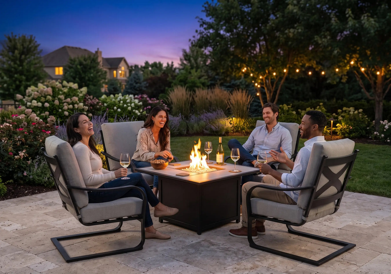 Wade Spring Deep Seating 5 Piece Firepit Chat Group With Four People Sitting in Chairs - The Great Escape