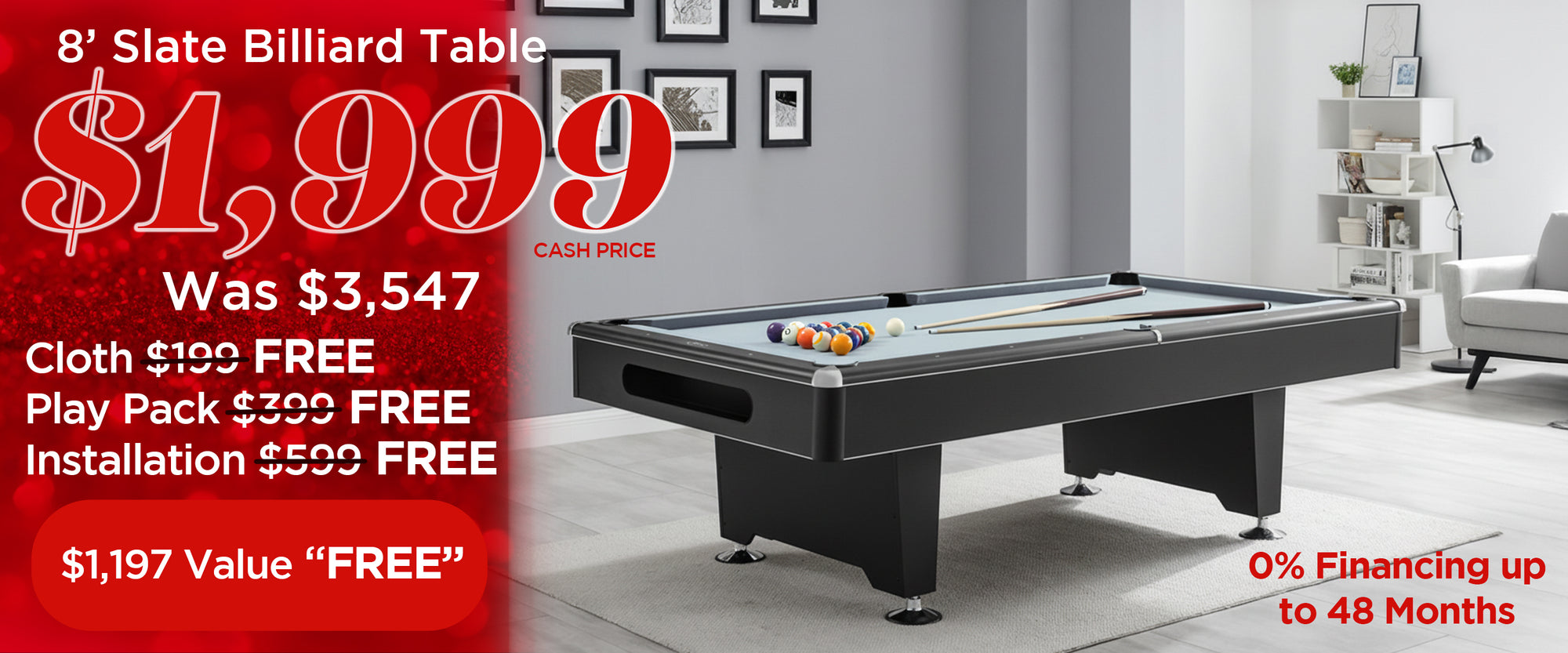 8' Slate Billiard Table Now $1,999 (cash price), was $3,547, with FREE cloth, Play Pack, and Installation PLUS 0% Financing up to 48 Months | The Great Escape Holiday Sale