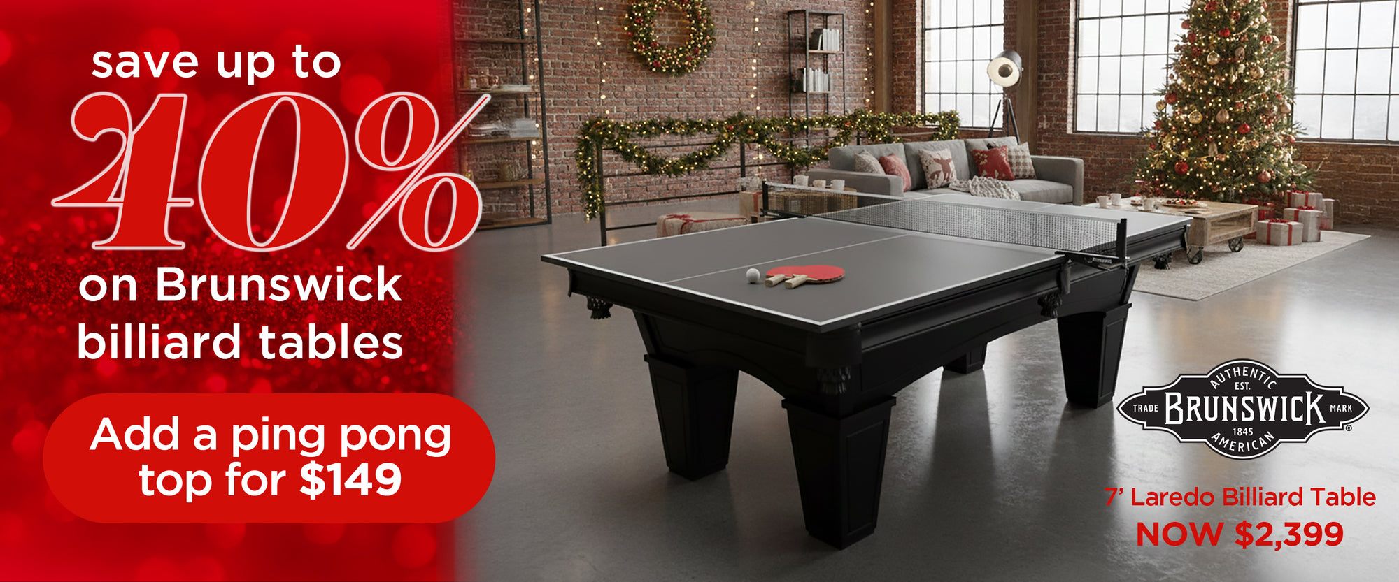 Save up to 40% on Brunswick billiard tables, add a ping pong top for $149 | Brunswick 7' Laredo Billiard Table Now $2,399 at The Great Escape