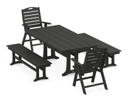 Nautical Folding Highback Chair 5 Piece Farmhouse Dining Set W/ Trestle Legs & Benches