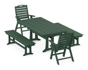 Nautical Folding Highback Chair 5 Piece Farmhouse Dining Set W/ Trestle Legs & Benches