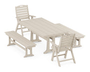Nautical Folding Highback Chair 5 Piece Farmhouse Dining Set W/ Trestle Legs & Benches