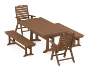 Nautical Folding Highback Chair 5 Piece Farmhouse Dining Set W/ Trestle Legs & Benches