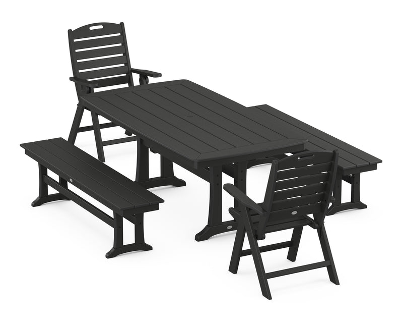 Picture of Nautical Folding Highback Chair 5 Piece Dining Set W/ Trestle Legs & Benches