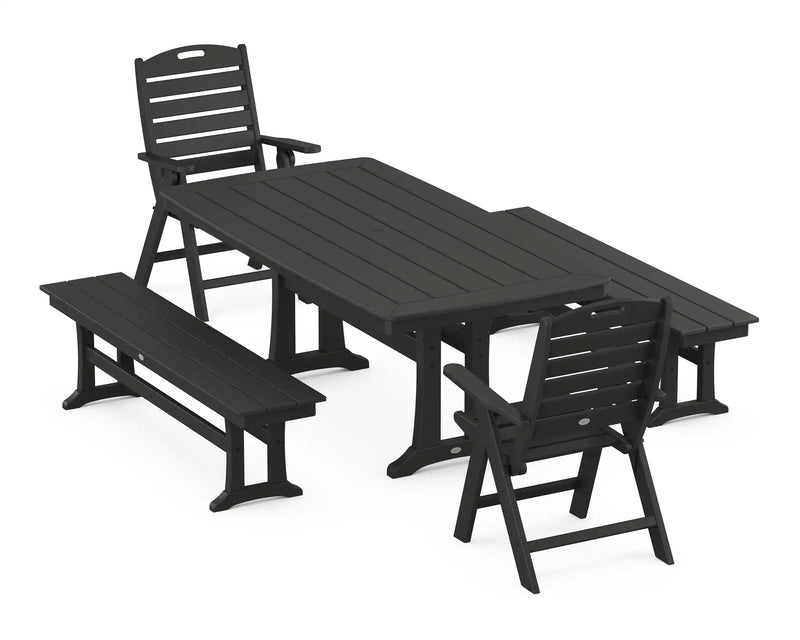Nautical Folding Highback Chair 5 Piece Dining Set W/ Trestle Legs & Benches - The Great Escape